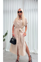 Sukienka Koszulowa Maxi Premium Wiązana w Pasie Elegancka Oversize Guziki Kieszenie - szampański